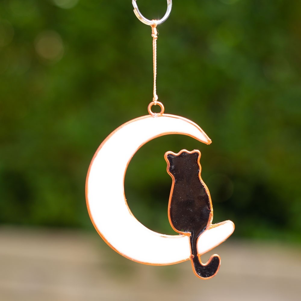 Something Different - Cat Sitting on Cresent Moon Suncatcher - Multicolours